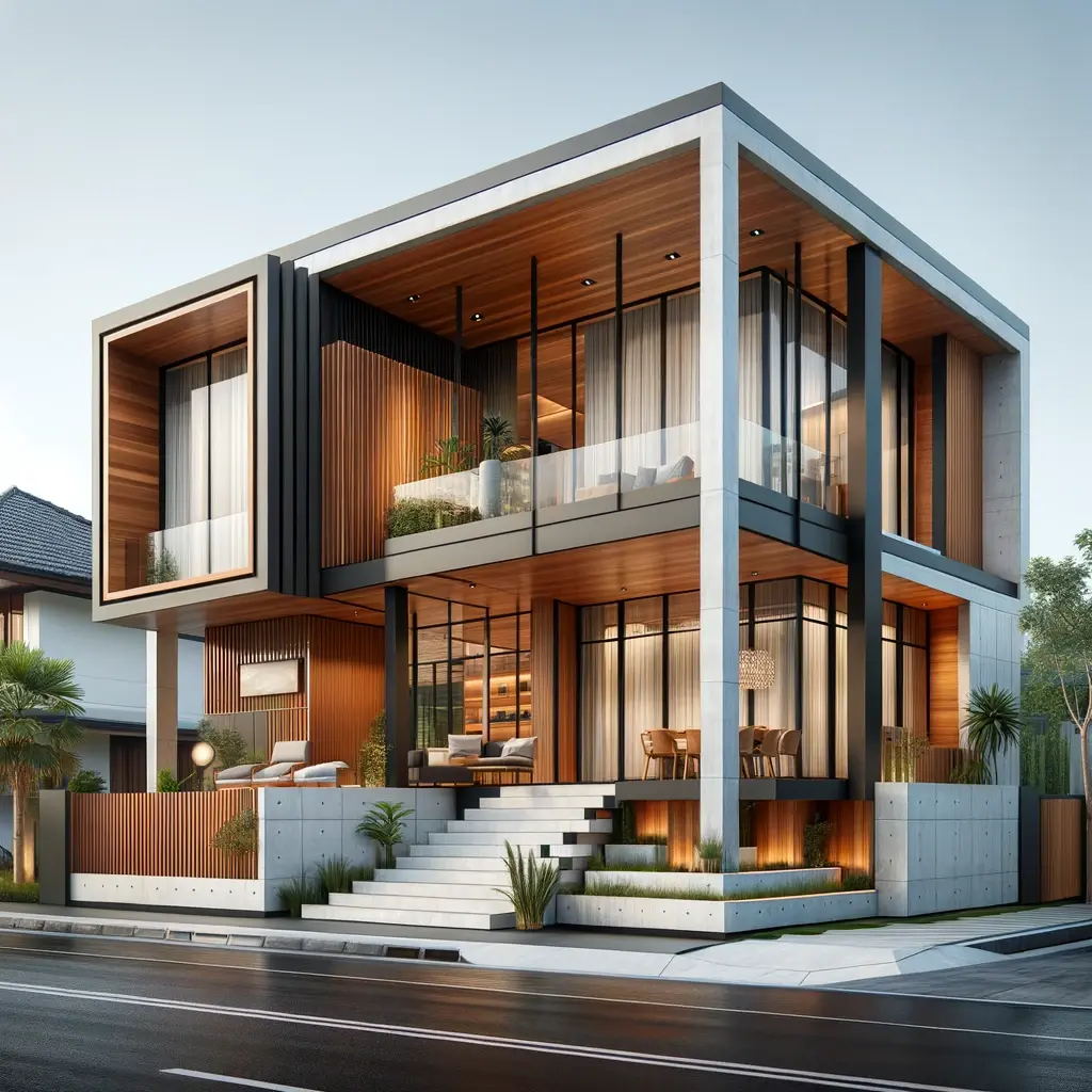 fachada de casa moderna de dois andares com uma combinao de madeira, vidro e concreto