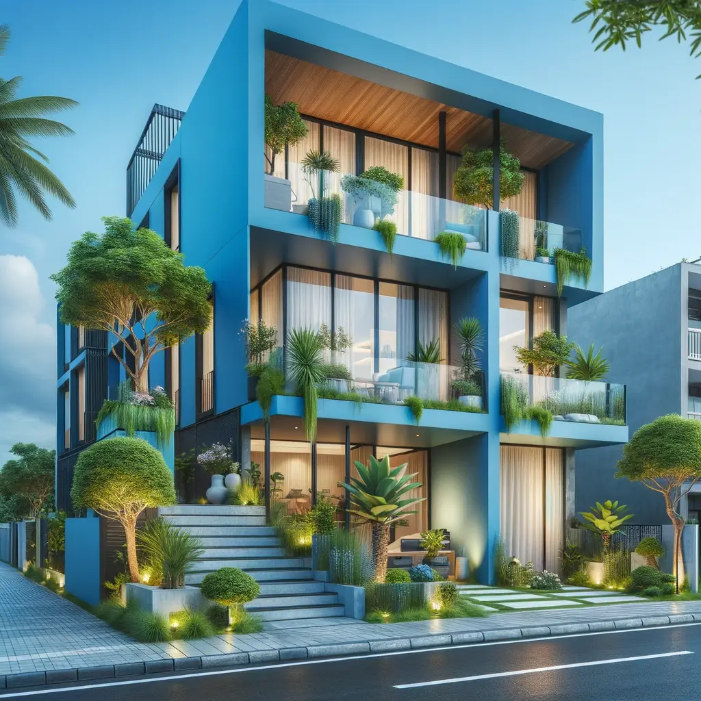 fachada residencial contempornea pintada em um vibrante tom de azul