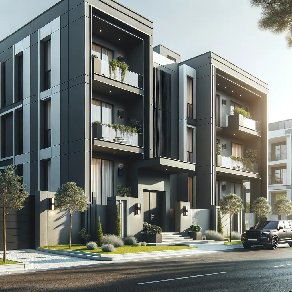 fachada residencial contempornea pintada em um sofisticado tom de cinza carvo.