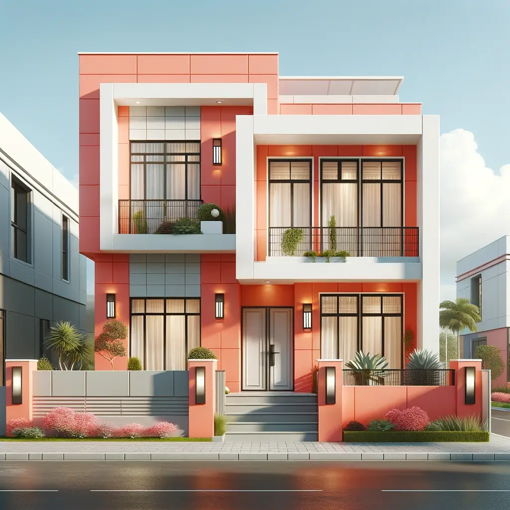 fachada de casa moderna em um radiante tom de coral