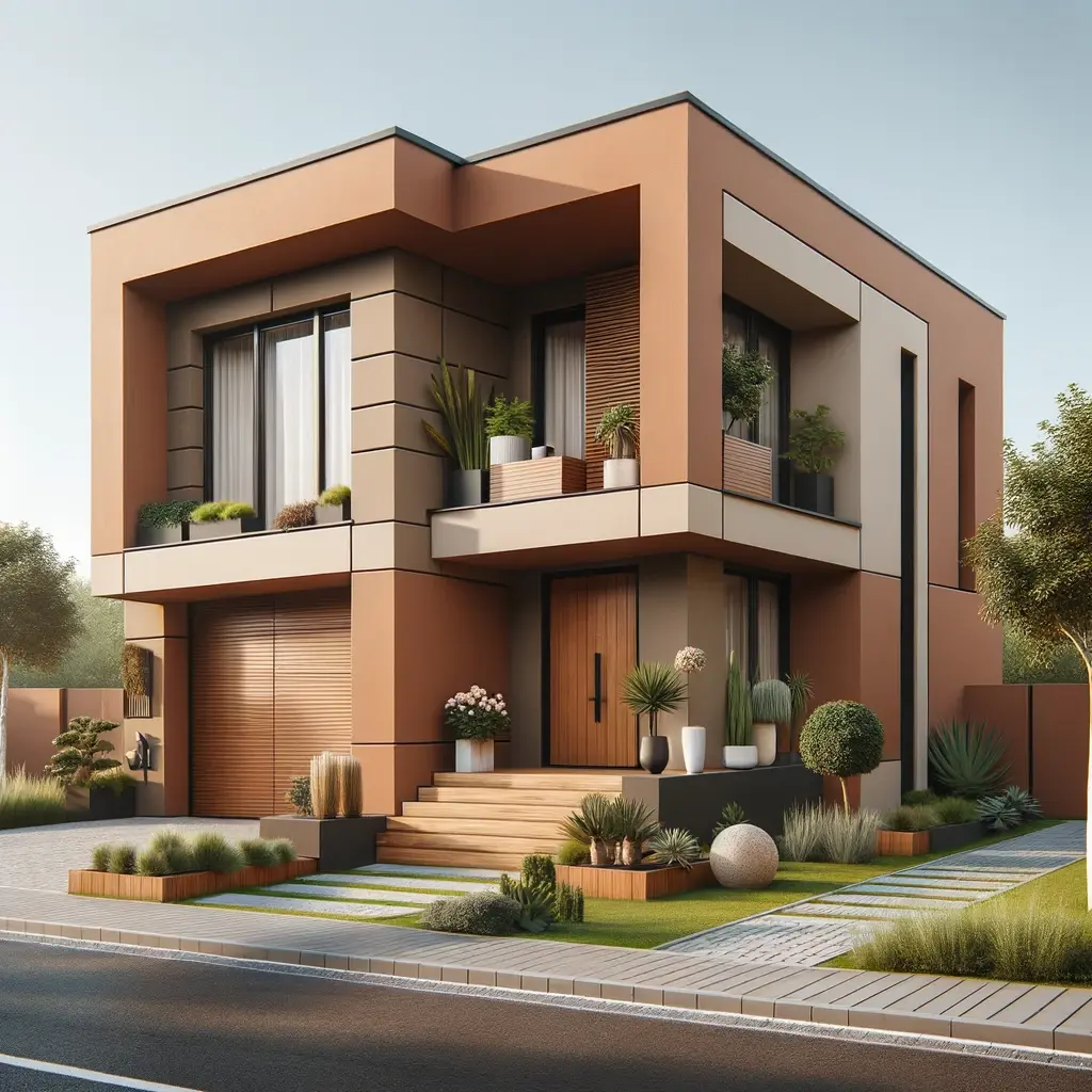  fachada de casa contempornea pintada em um tom quente de terracota
