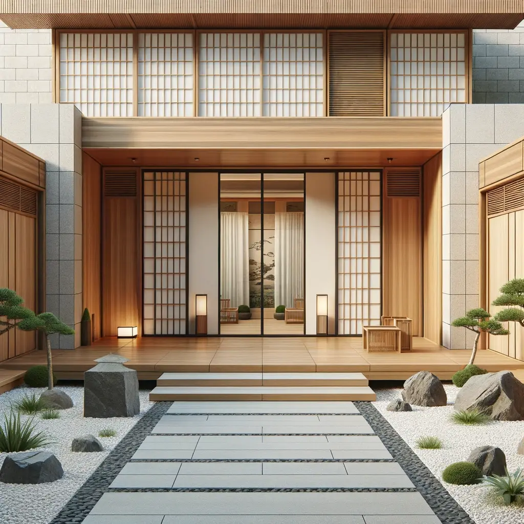 fachada minimalista de uma residncia japonesa com detalhes em madeira