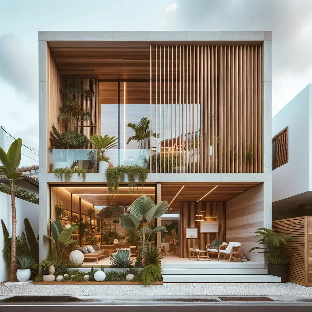 fachada que combina elementos de madeira tropical do Brasil com caractersticas minimalistas nrdicas