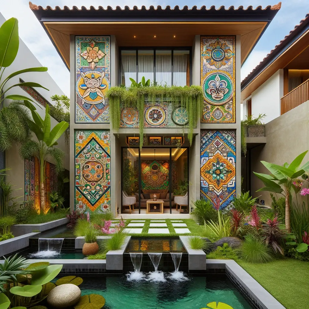 fachada que funde azulejos coloridos mexicanos com caractersticas aquticas e vegetao exuberante tpicas de Bali