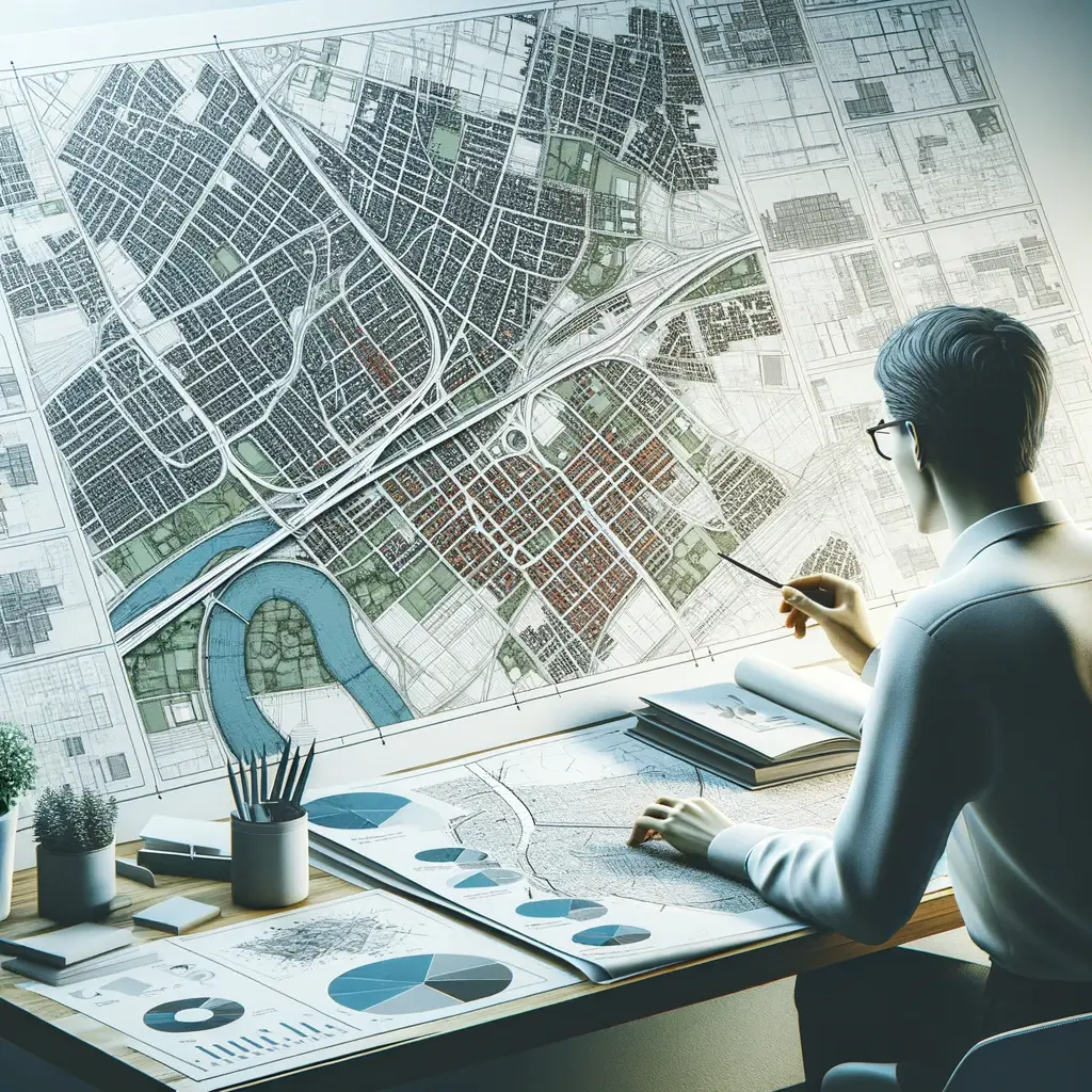 pessoa pesquisando sobre reas em ascenso, analisando mapas e grficos, com enfoque em projetos de desenvolvimento urbano e infraestruturas.