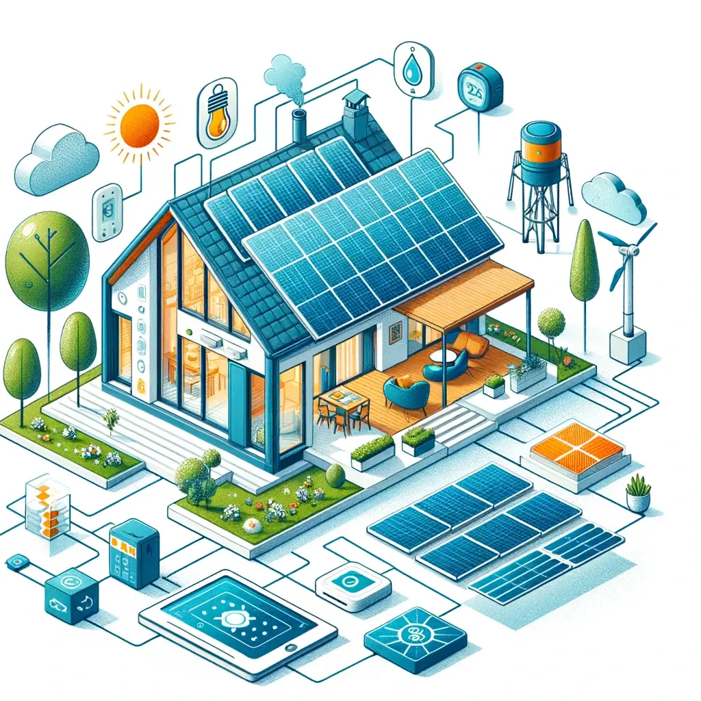 imvel sustentvel e eficiente energeticamente, incorporando elementos como painis solares e sistemas de reutilizao de gua.
