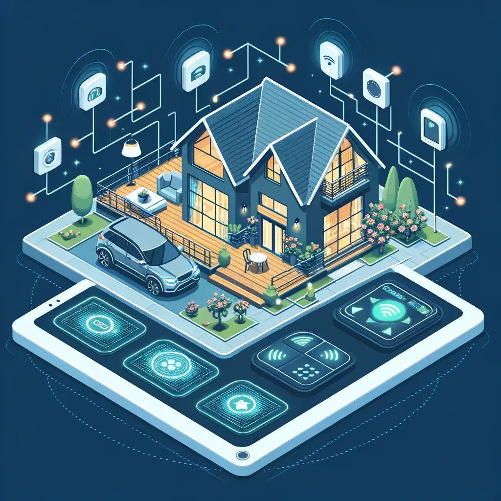 casa com automao residencial, incluindo sistemas de controle remoto para iluminao, segurana e entretenimento, enfatizando a convenincia e a segurana proporcionadas por esses sistemas.