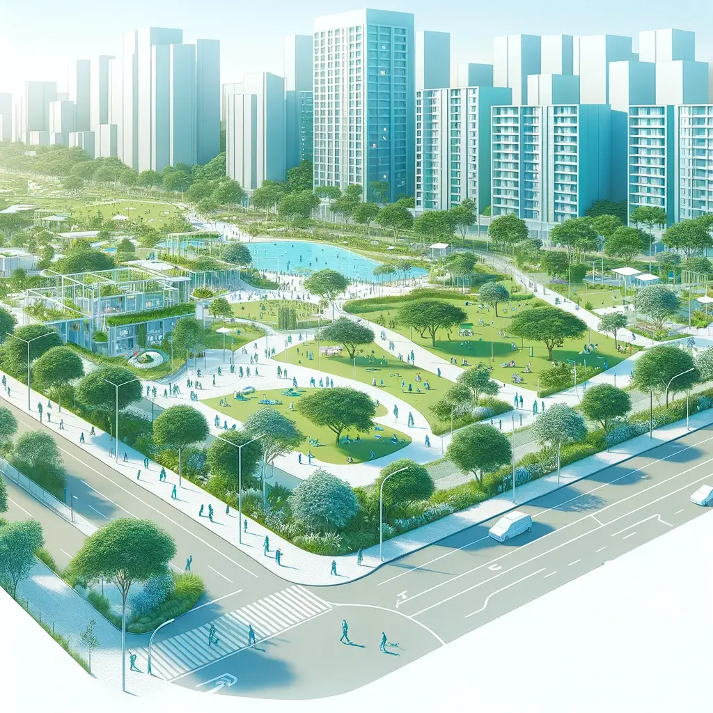 uma ilustrao de um projeto de desenvolvimento urbano que leva em conta consideraes ambientais e sociais. A imagem mostra uma rea urbana com espaos verdes, reas de lazer comunitrias e edifcios sustentveis
